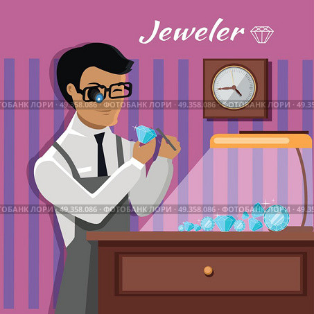 Jeweler Man Examines the Diamond.. Jeweler during the evaluation of jewels. Young jeweler in glasses examines faceted diamond in workplace in the lamplight flat style. Occupation person to work with precious stones. Vector illustration. Стоковая иллюстрация, агентство Ingram Publishing / Фотобанк Лори