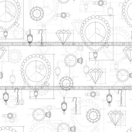 Jewelry Production Sketch Seamless Pattern.. Jewelry production sketch seamless pattern. Hand drawn sketch of ring, necklace, earrings, precious stone. Draft outline of diamond units collection. Project of brilliant elements. Vector. Стоковая иллюстрация, агентство Ingram Publishing / Фотобанк Лори