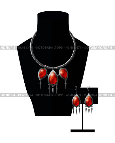 Jewelry set necklace with precious red stones on black mannequin and earrings, expensive accessory item isolated on white. Silver chain with ruby pendant vector. Jewelry Set Necklace Precious Red Stones on Black. Стоковая иллюстрация, агентство Ingram Publishing / Фотобанк Лори