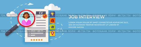 Job interview concept with business resume. Negotiation, meeting landing page mockup. Recruiter recruiting staff. Characters having business conversation. HR manager and job seeker, employee candidate. Job interview concept with business resume. Negotiation, meeting. HR manager and job seeker. Стоковая иллюстрация, агентство Ingram Publishing / Фотобанк Лори
