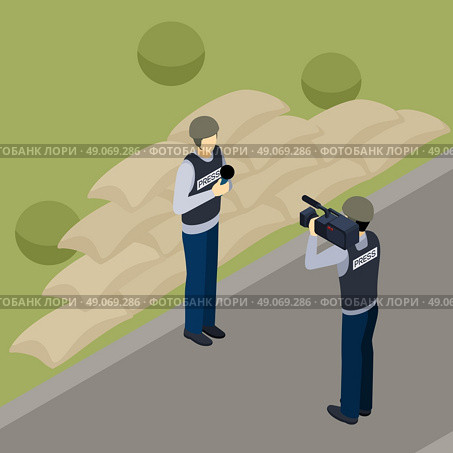 Journalist Reporter Profession Isometric Banner . Journalist reporter and professional cameraman operator outdoor in the countryside at work isometric banner abstract vector illustration. Стоковая иллюстрация, агентство Ingram Publishing / Фотобанк Лори
