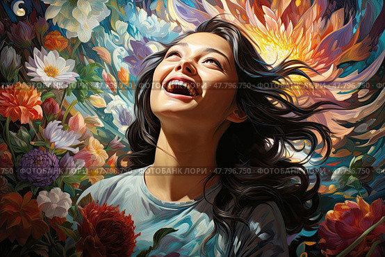Jovial Blossoms: A Vivacious Woman Amused Amid a Deluge of Floral Splendor. Стоковое AI-изображение, AI-художник Данила Большаков / Фотобанк Лори