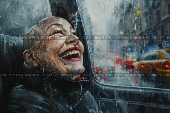 Joy radiates from an elderly bald woman as she laughs, looking out a rain-streaked window against an urban backdrop. Стоковое AI-изображение, AI-художник Данила Большаков / Фотобанк Лори