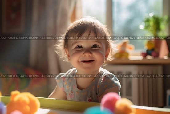 Joyful toddler portrait giggling at kitchen. Generate Ai. Стоковое AI-изображение, AI-художник Иван Рябоконь / Фотобанк Лори