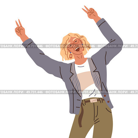 Joyful woman joins some event with open arms. Happy female cartoon character with raised hands isolated on white background. Smiling girl jumping up from joy and success. Delighted successful person. Joyful woman joins some event with her open arms. Happy female cartoon character with raised hands. Стоковая иллюстрация, агентство Ingram Publishing / Фотобанк Лори