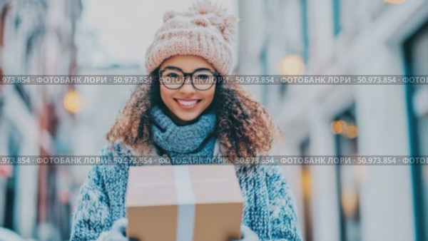 Joyful young woman with glasses and winter wear, brightly smiling while holding a package outdoors on a chilly day. Стоковое AI-видео, аниматор Данила Большаков / Фотобанк Лори