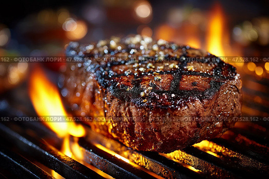 Juicy Steak Grilling Over Open Flames With a Perfect Sear and Seasoning in a Backyard BBQ Setting. Стоковое AI-изображение, AI-художник Юлия Гапеенко / Фотобанк Лори