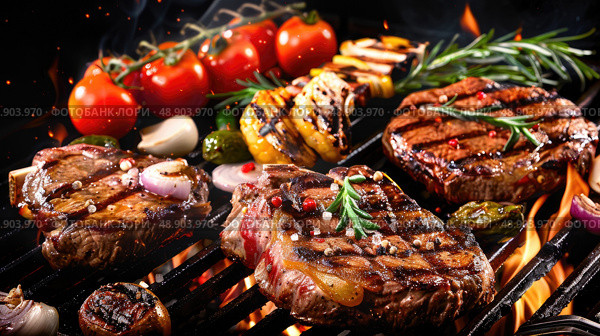 Juicy steaks and fresh vegetables sizzling on a hot grill during a backyard barbecue. Стоковое AI-изображение, AI-художник Данила Большаков / Фотобанк Лори