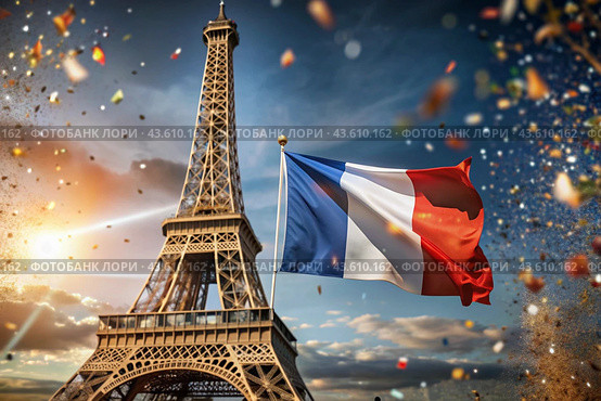 July 14 is the National Day of France. The national flag of France on the background of the Eiffel Tower. Tricolor. The concept of the Olympic Games in France 2024. Стоковое AI-изображение, AI-художник Photojuli / Фотобанк Лори