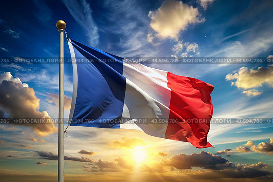 July 14th is the National Day of France. The national flag of France on a blue sky background. Tricolour. Стоковое AI-изображение, AI-художник Photojuli / Фотобанк Лори