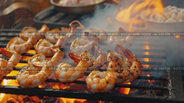 Jumbo Shrimp Scampi Sauteed in Butter and Olive Oil. Healthy food cooking. Delicious hot prawns Shrimps roasted on grill with steamed smoke. Grilling seafood. BBQ Shrimp with herbs, garlic and lemon. Стоковое AI-видео, аниматор Марина Демидюк / Фотобанк Лори