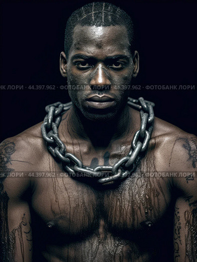 Juneteenth, a day for freedom - African man prisoner in chain slavery concept. Стоковое AI-изображение, AI-художник Veniamin Kraskov / Фотобанк Лори