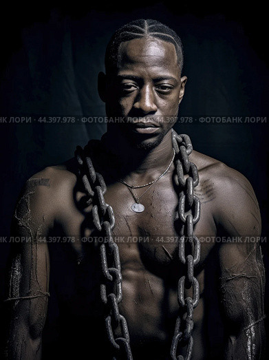 Juneteenth, a day for freedom - African man prisoner in chain slavery concept. Стоковое AI-изображение, AI-художник Veniamin Kraskov / Фотобанк Лори