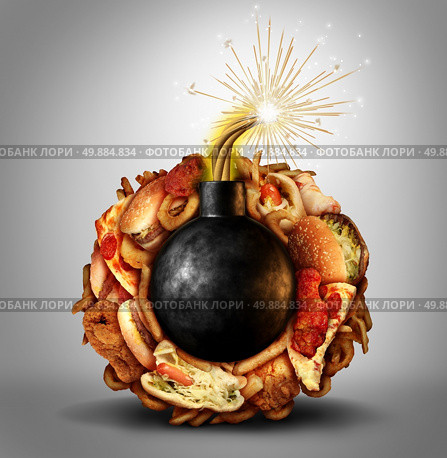 Junk food time bomb health concern concept as a high medical risk fat diet symbol and over eating lifestyle danger with a burning fuse surrounded by greasy snacks as hamburgers and fried takeaway binge eating. Стоковое фото, агентство Ingram Publishing / Фотобанк Лори