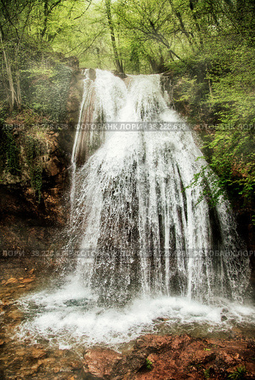 Jur-Jur waterfall in South-Eastern Crimean Peninsula. Morning landscape. Attraction in vicinity of Alushta, Ulu-Uzen river at an altitude 468 meters above sea level. Amazing tourism in Russia. Стоковое фото, фотограф Aleksandr Golubev / Фотобанк Лори