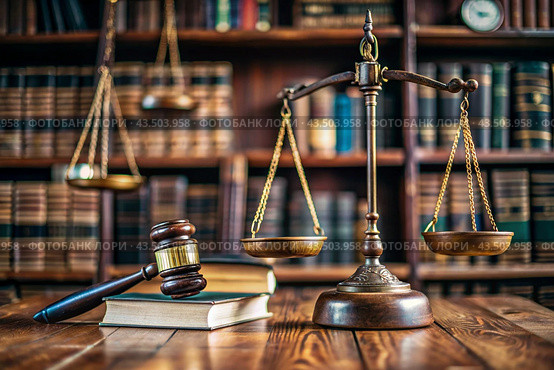 Justice and the law. A wooden hammer, books and scales on the table. The court session. Стоковое AI-изображение, AI-художник Photojuli / Фотобанк Лори