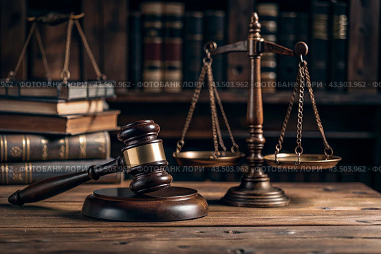 Justice and the law. A wooden hammer, books and scales on the table. The court session. Стоковое AI-изображение, AI-художник Photojuli / Фотобанк Лори