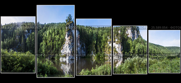 Камень "Столбы". Река Чусовая. Панорама. Коллаж. Стоковое фото, фотограф Александр Агафонов / Фотобанк Лори