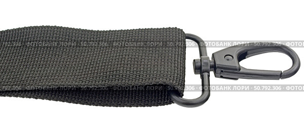 Карабин с защёлкой для ремня сумки на белом фоне. Belt rope strap lanyard, hanging clasp snap latch hook carabiner, isolated macro closeup. Стоковое фото, фотограф Татьяна Д / Фотобанк Лори