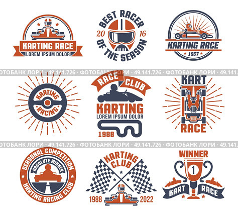 Karting Motor Race Logo Emblem Set. Red and blue color logo and emblems flat set for karting motor race club isolated vector illustration. Стоковая иллюстрация, агентство Ingram Publishing / Фотобанк Лори
