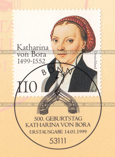 Катарина фон Бора (Katharina von Bora) - жена и ближайшая помощница немецкого церковного реформатора Мартина Лютера. Почтовая марка ФРГ 1999 года. Редакционная иллюстрация, иллюстратор александр афанасьев / Фотобанк Лори