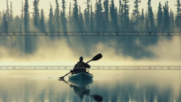 Kayaker paddling on misty lake at sunrise. Стоковое AI-видео, аниматор Юрий Поздников / Фотобанк Лори
