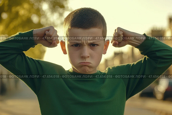 Kid boy shows his muscles. Angry little child boy waves his fist at the camera outdoors at the city street. Unhappy grumpy boy showing his biceps. Provocation. Elementary school problems. Bullying. Стоковое AI-изображение, AI-художник Марина Демидюк / Фотобанк Лори