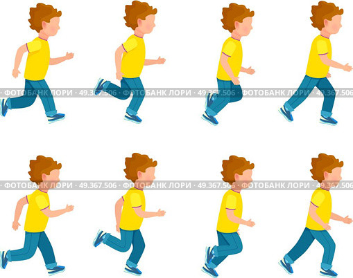 Kid running animation set. Boy in motion. Collection of running boy icons. Animation sprite asset. Sport. Run. Blue trousers, yellow t-shirt. Variety of sport movements. Flat cartoon style. Vector. Running Boy Animation Sprite Set. 8 Frame Loop.. Running Boy Animation Sprite Set. 8 Frame Loop. Стоковая иллюстрация, агентство Ingram Publishing / Фотобанк Лори