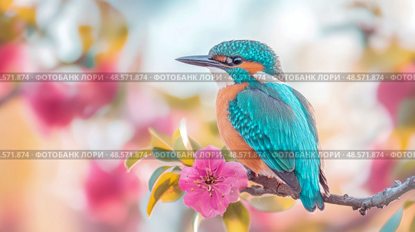 Kingfisher Jewel: A Brilliant Bird Amidst Spring Blossom - Nature’s Elegant Composition. Стоковое AI-изображение, AI-художник Данила Большаков / Фотобанк Лори