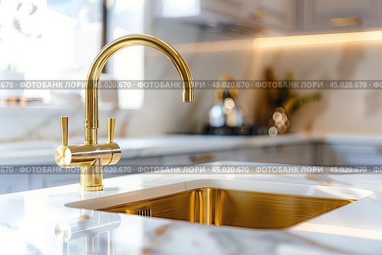 Kitchen sink. Modern new gold faucet, marble countertop. Stylish white sink, Brass faucets in light interior. Golden tap. Domestic Appliances. Gray clean bright household equipment. Contemporary style. Стоковое AI-изображение, AI-художник Марина Демидюк / Фотобанк Лори