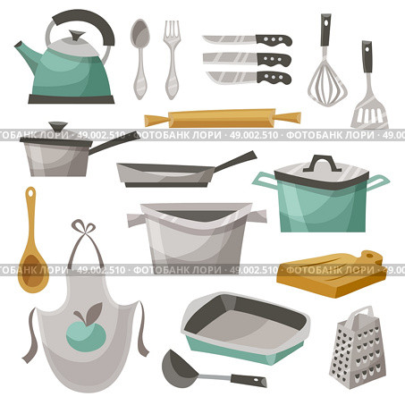 Kitchen Stuff Icons Set. Kitchen stuff icons set with apron frying pan and teapot flat isolated vector illustration . Стоковая иллюстрация, агентство Ingram Publishing / Фотобанк Лори