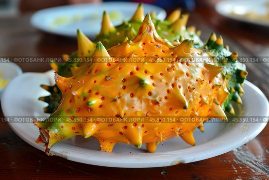 Kiwano horned melon resting on plate. Стоковое AI-изображение, AI-художник Иван Рябоконь / Фотобанк Лори