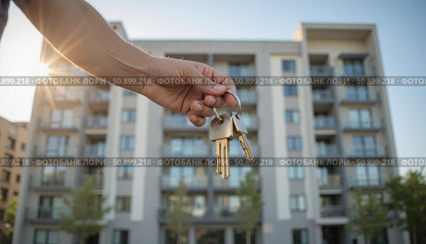 Ключи от квартиры в современном жилом комплексе / Apartment keys in a modern residential complex. Стоковое AI-изображение, AI-художник Валерий Лукин / Фотобанк Лори