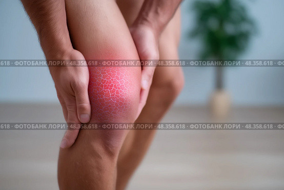 Knee pain, joint inflammation, bone fracture, man suffering from osteoarthritis, leg injury. Стоковое AI-изображение, AI-художник Станислав Тарко / Фотобанк Лори