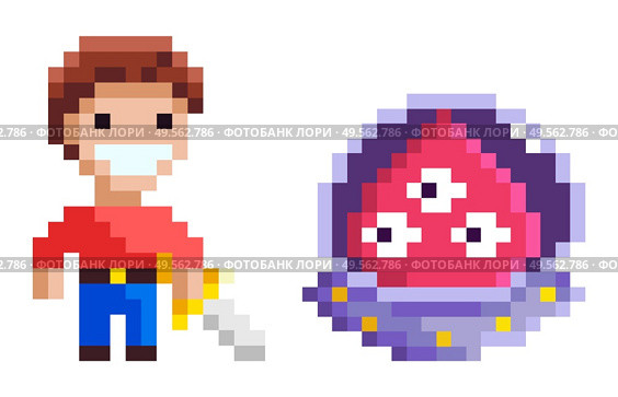 Knight holding steel and ufo characters element of pixel game, monster with eyes and cavalier with galive, geometric adversary, geometric hero vector. Adversary Knight and Ufo, Pixel Game, Hero Vector. Стоковая иллюстрация, агентство Ingram Publishing / Фотобанк Лори