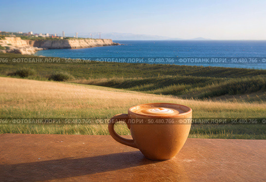 Кофе в терракотовой чашке на фоне средиземноморского пейзажа, Coffee in a terracotta cup against a Mediterranean landscape. Стоковое AI-изображение, AI-художник AllNikArt / Фотобанк Лори