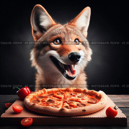 Койот с пиццей в лапах. Coyote with pizza in his paws. Стоковое AI-изображение, AI-художник Igor Murashko / Фотобанк Лори