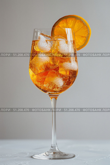 Коктейль апероль шприц (aperol spritz) с кусочками льда и долькой апельсина в бокале на светлом фоне. Стоковое AI-изображение, AI-художник Кирилл Сиротюк / Фотобанк Лори