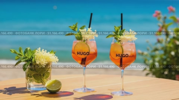 Коктейли Hugo Spritz на берегу моря. Стоковое AI-видео, аниматор Журавлева Кристина / Фотобанк Лори
