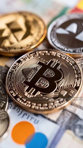 Концепция криптовалюты и глобальной экономики с биткоином и различными токенами на красочном фоне. Стоковое AI-изображение, AI-художник ФотоИнтеллект / Фотобанк Лори