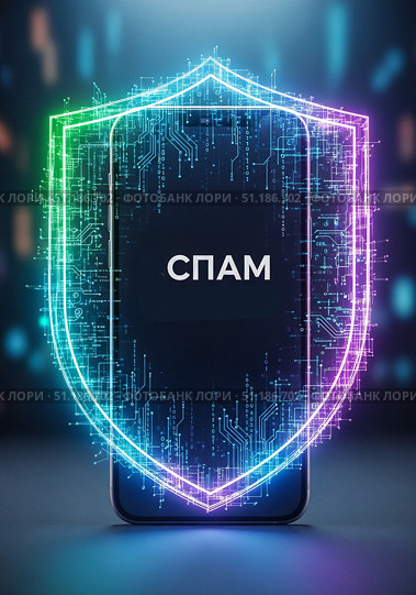 Концепция защиты от спама со смартфоном и цифровым щитом на темном фоне. Стоковое AI-изображение, AI-художник Елена Болотина / Фотобанк Лори