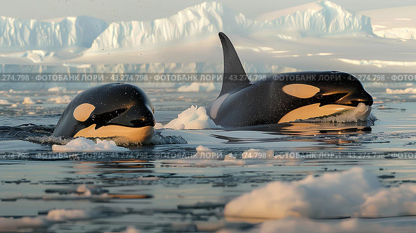 Косатки в море. Стоковое AI-изображение, AI-художник Щеголева Ольга / Фотобанк Лори