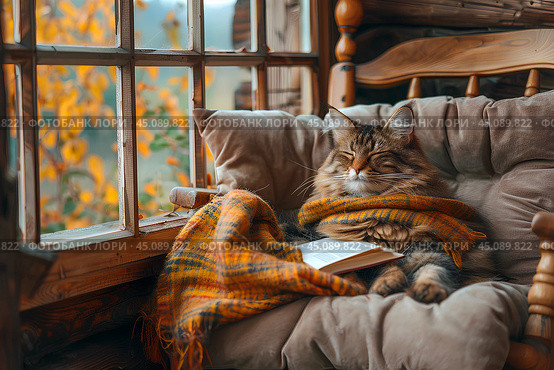 Кот дремлет в уютном кресле с книгой. Стоковое AI-изображение, AI-художник Щеголева Ольга / Фотобанк Лори