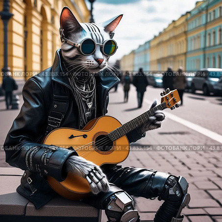 Кот музыкант, играет на улицеCat Musician Playing Guitar on the Street. AI Generated. Стоковое AI-изображение, AI-художник Алексей Траст / Фотобанк Лори