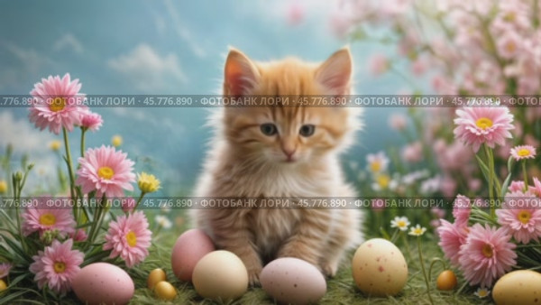 Котенок среди пасхальных яиц и цветов. Стоковое AI-видео, аниматор Виктория Кольцова / Фотобанк Лори