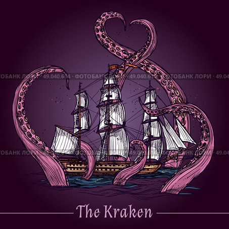 Kraken decorative emblem with sail ship in giant monster tentacles colored sketch vector illustration. Kraken Sketch Illustration. Стоковая иллюстрация, агентство Ingram Publishing / Фотобанк Лори