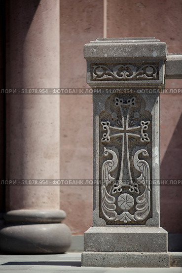 KRASNODAR, RUSSIA - JUNE 09, 2018: Khachkar stone near the Armenian Christian Church. Редакционное фото, фотограф Наталия Кирсанова / Фотобанк Лори