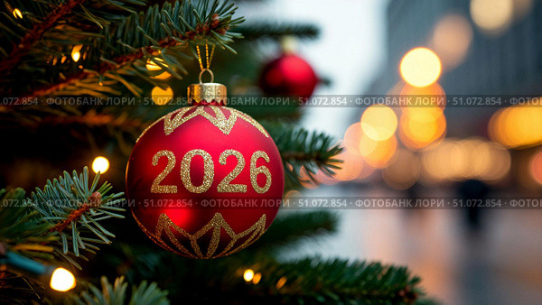 Красочный рождественский шар с золотыми блестками и надписью "2026" висит на ветке праздничной ёлки. На переднем плане — еловые ветви, украшенные гирляндой с мягким тёплым светом. Фон размыт (боке), на нём видны огни города и силуэты прохожих, создающие атмосферу уюта и волшебства зимнего праздника. Изображение символизирует наступление Нового 2026 года и рождественские традиции. Идеально подходит для открыток, новогодних афиш, баннеров и поздравительных материалов. Стоковое AI-изображение, AI-художник Sergey Starostin / Фотобанк Лори