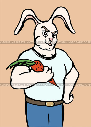 Кролик силач с красной морковью / strong rabbit with red carrot. Стоковая иллюстрация, иллюстратор Александр Паньков / Фотобанк Лори