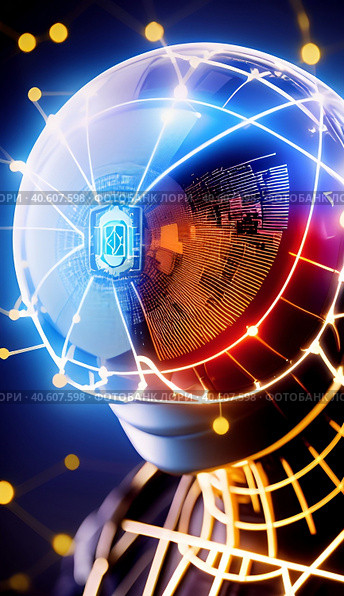 Крупный план робота в футуристическом шлеме. Стоковое AI-изображение, AI-художник Светлана Кучинская / Фотобанк Лори